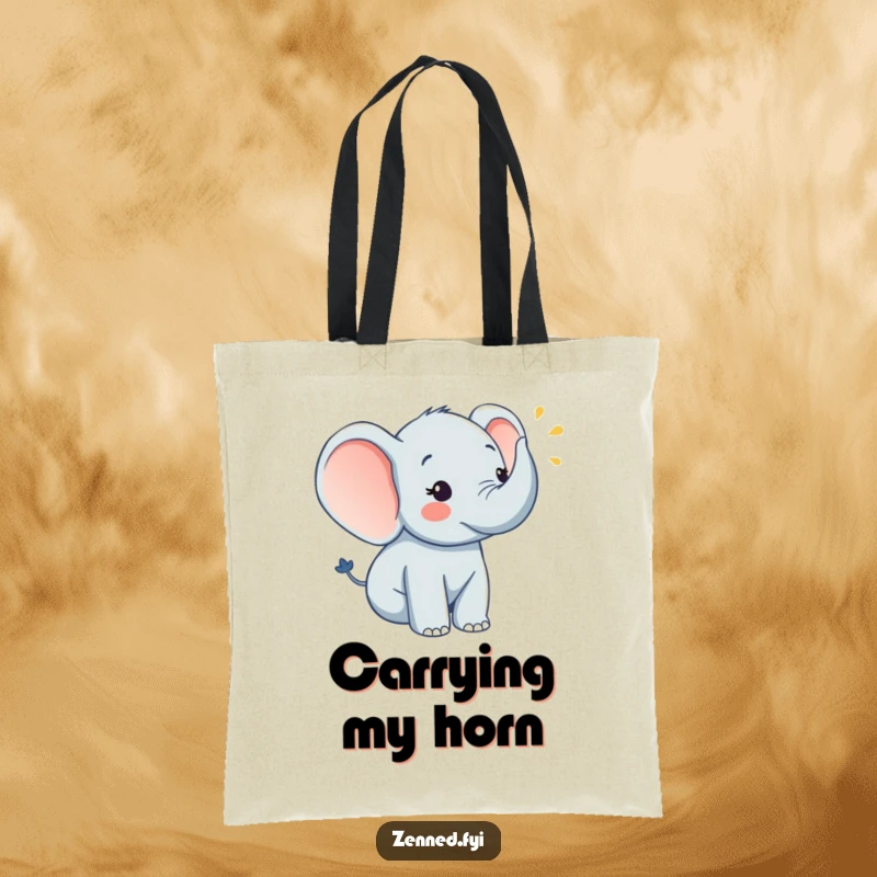 Funny cheerful elephant blowing a horn on a durable tote bag, a wonderful funny gift.