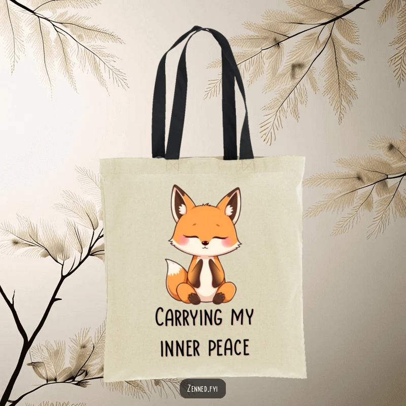 Funny tote bag with a curious fox practicing mindful breathing with eyes closed, perfect for carrying essentials with a peaceful, humorous vibe.