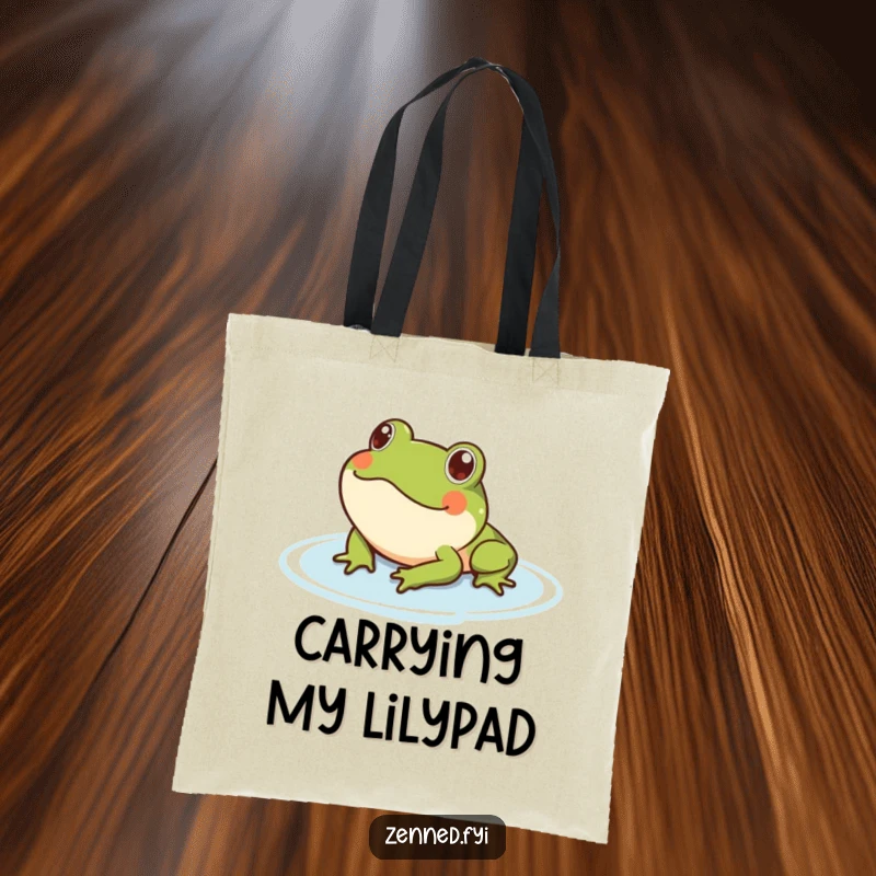 Funny frog floating tote bag showcasing a content frog resting on water. Practical and humorous for everyday use.