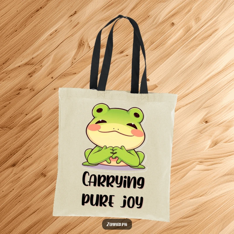 Funny tote bag featuring a joyful green frog resting its chin on folded hands, practical and humorous, excellent funny gift.