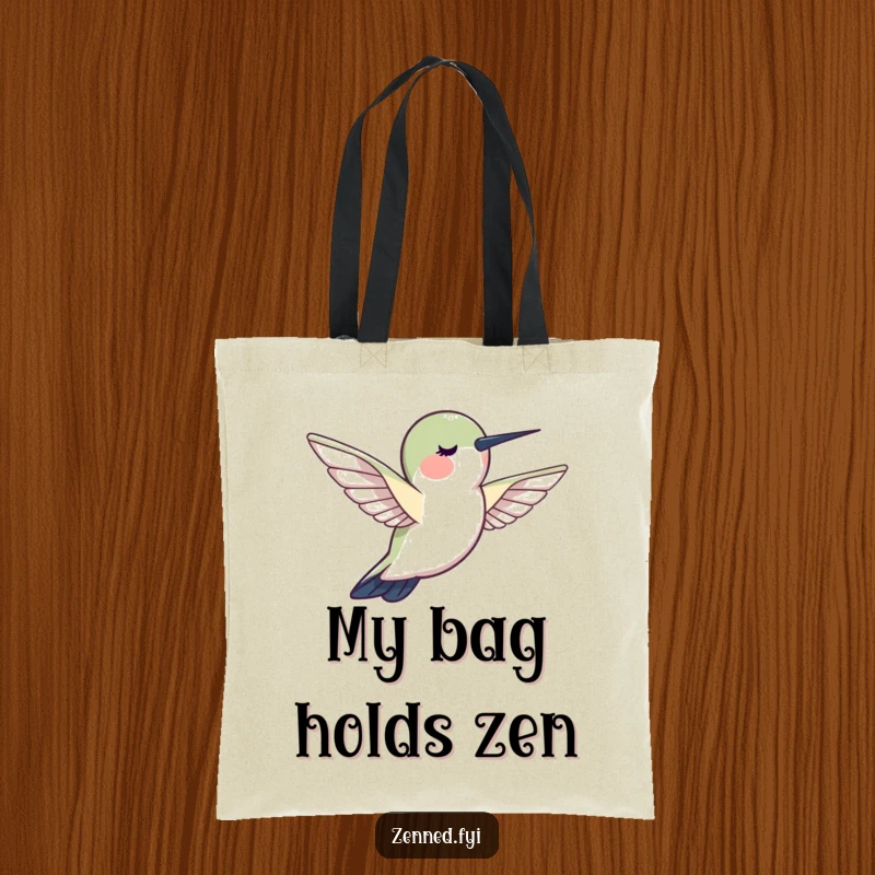 Funny hummingbird calm tote bag, a creature hovering motionlessly, radiating peace, ideal for carrying zen.