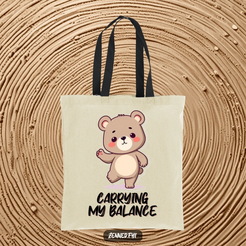 Funny Kawaii bear tote bag featuring a determined character balancing on one leg, perfect for daily use and a humorous gift.