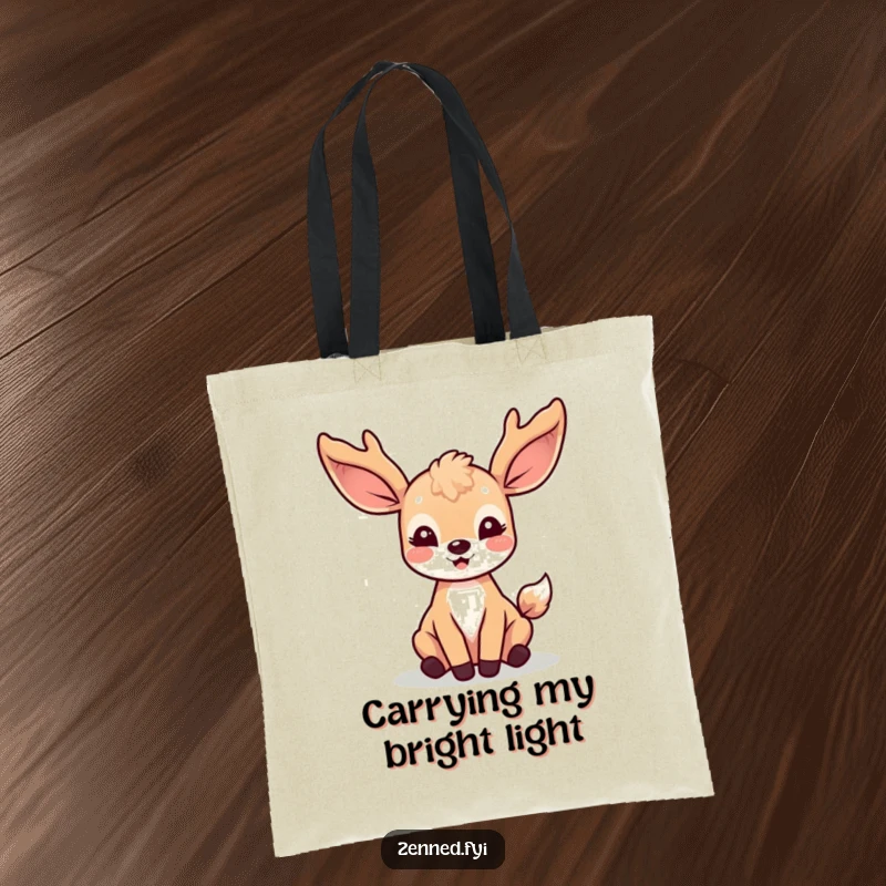 Funny Kawaii Deer Tote Bag: A cute tote showcasing a joyful deer character surrounded by soft light rays, perfect for everyday use.