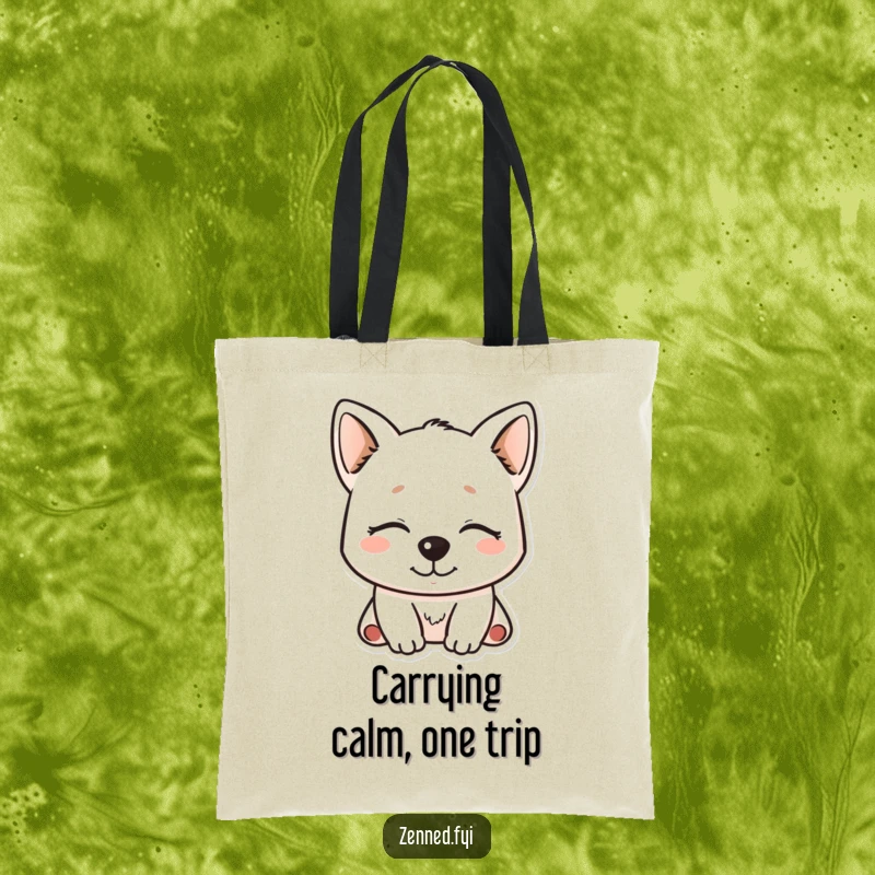 Funny Kawaii Dog Tote Bag showcasing a tranquil character with closed eyes and a sweet smile, ready for adventures.