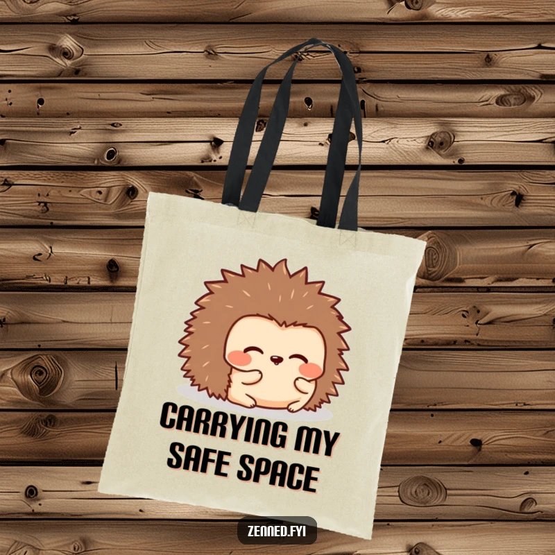 Funny tote bag with a kawaii hedgehog rolled into a peaceful shape, promoting comfort and humor with every carry.