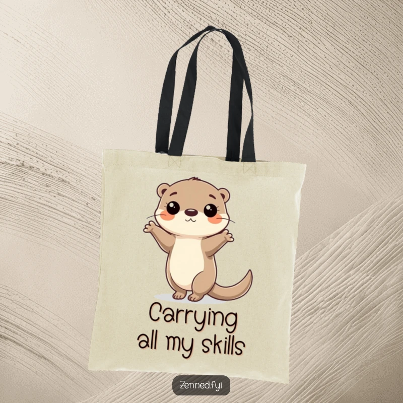 Funny Tote Bag featuring a focused otter character balancing on one paw, a hilarious symbol of skill and carry-all capacity.
