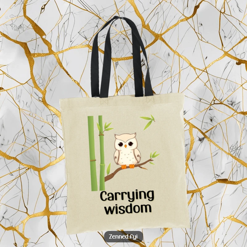 Funny Tote Bag: A tranquil owl perched on bamboo, perfect for carrying zen and smiles.