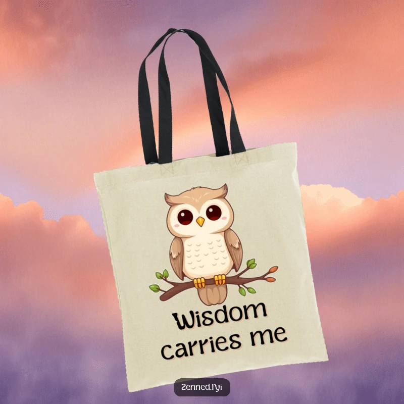 Funny owl zen tote bag, perched on a branch, completely still and centered, ideal for carrying wisdom.
