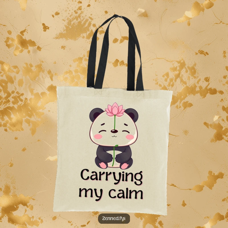 Funny panda balancing a lotus flower on its nose on a tote bag, merging practicality with a serene and humorous design for a funny gift.