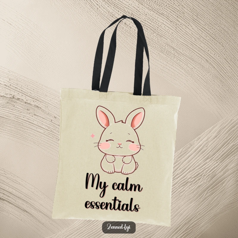 Funny rabbit tote bag showing a peaceful rabbit with closed eyes and a smile, breathing gently, ideal for carrying essentials with zen humor.