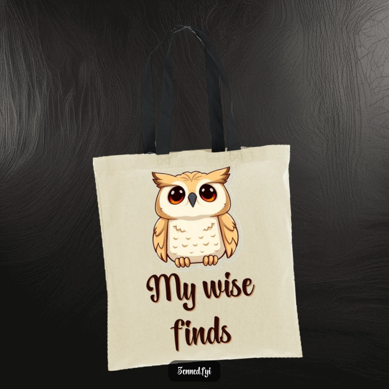 Funny owl tote bag showing a calm owl gazing upwards with deep understanding, ideal for carrying essentials with wise humor.