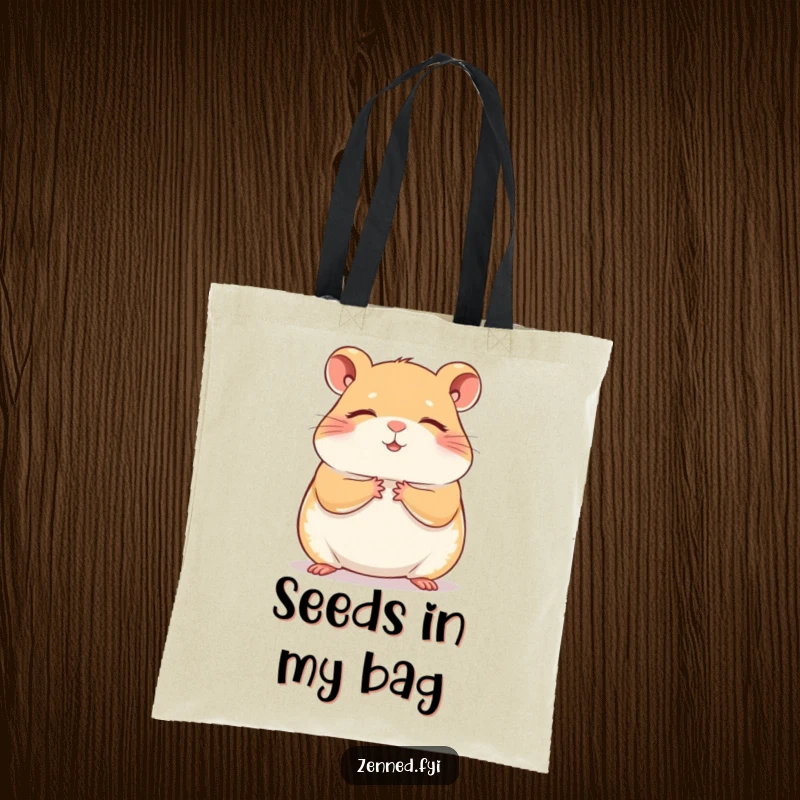 Funny hamster meditation tote bag showing a contented hamster in a zen pose, useful for errands and spreading humorous calm.